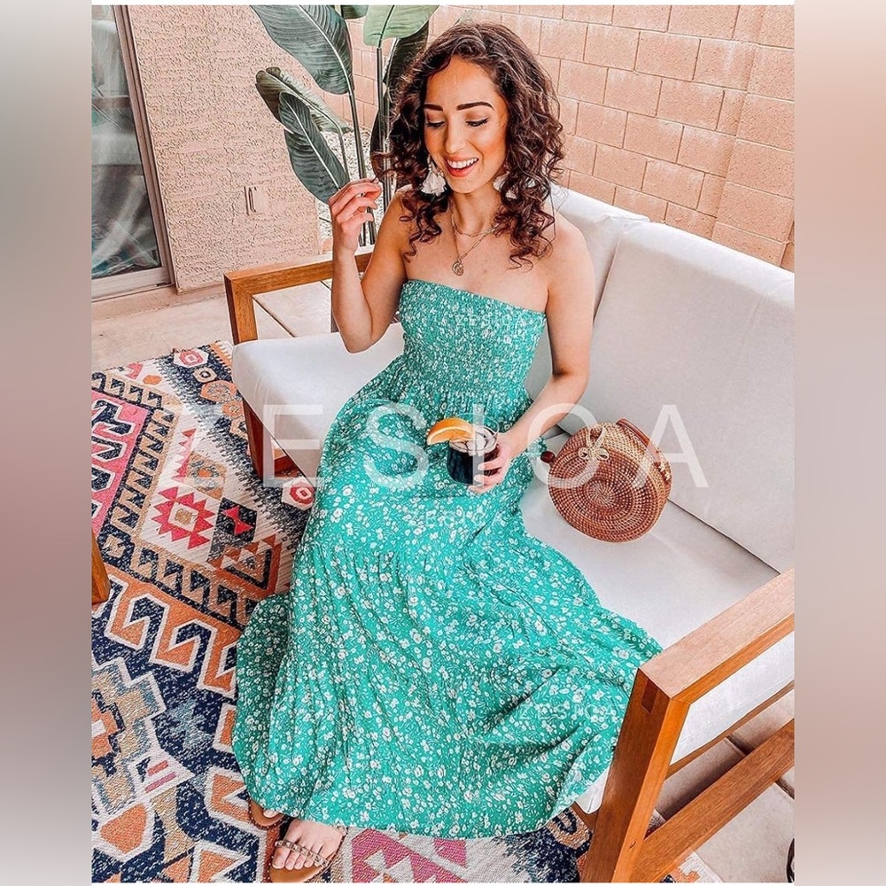 ZESICA Size Medium Green Bohemian Floral Printed Strapless Long Maxi Dress